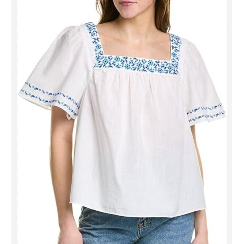 Draper James Shirt XS White Blue Embroidered Cotton‎ Blouse Coastal Peasant